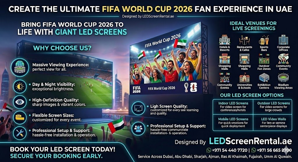 # LED Screens for FIFA World Cup 2026: Create the Ultimate Fan Experience in UAE ## Bring FIFA World Cup 2026 to Life with Giant LED Screens The FIFA World Cup 2026 is the biggest football tournament ever, featuring 48 teams competing across Canada, Mexico, and the United States. Football fans worldwide will gather to watch every thrilling match, making it the perfect opportunity for businesses, hotels, restaurants, fan zones, sports clubs, and event organizers in the UAE to host unforgettable live screenings. At LEDScreenRental.ae, we provide premium LED screen rental solutions that transform any venue into an exciting football destination. Whether you're planning a public viewing event, corporate gathering, hotel screening, or outdoor fan zone, our high-resolution LED displays deliver crystal-clear visuals and immersive viewing experiences. ## Why Choose LED Screens for FIFA World Cup Screenings? ### Massive Viewing Experience Large-format LED screens ensure every fan enjoys a perfect view of the match, even in crowded venues. ### Day & Night Visibility Our outdoor LED screens offer exceptional brightness, making them ideal for daytime and nighttime screenings. ### High-Definition Image Quality Enjoy sharp images, vibrant colors, and smooth motion that capture every goal, tackle, and celebration. ### Flexible Screen Sizes From small indoor displays to giant outdoor video walls, we provide customized solutions for every event size. ### Professional Setup & Support Our experienced team handles transportation, installation, operation, and dismantling, ensuring a hassle-free experience. ## Perfect Venues for FIFA 2026 Live Screenings * Hotels & Resorts * Restaurants & Cafés * Sports Bars * Corporate Offices * Shopping Malls * Outdoor Fan Zones * Community Events * Universities & Schools * Exhibition Centers * Stadium Viewing Areas ## Indoor and Outdoor LED Screen Rental Options ### Indoor LED Screens Perfect for conference halls, hotels, restaurants, and corporate events. Indoor LED screens provide high-resolution viewing with excellent image quality. ### Outdoor LED Screens Designed to withstand UAE weather conditions while delivering bright and clear visuals for large audiences. ### Mobile LED Screens Quick deployment solutions for public events, roadshows, and temporary fan zones. ### LED Video Walls Create stunning large-scale displays that become the centerpiece of any FIFA viewing event. ## Why UAE Businesses Should Host FIFA 2026 Screening Events The FIFA World Cup attracts millions of passionate football fans globally. Hosting screening events can help businesses: * Increase customer footfall * Boost food and beverage sales * Strengthen brand visibility * Create memorable customer experiences * Generate social media engagement * Build community connections ## Complete Event Solutions In addition to LED screen rental, we provide: * Professional Audio Systems * Stage Lighting * Trussing Structures * Video Processing Equipment * Live Event Technical Support * Power Distribution Solutions ## Book Your FIFA World Cup 2026 LED Screen Today Demand for LED screens increases significantly during major sporting events. Secure your booking early to ensure availability for FIFA World Cup 2026 screenings. Whether you need a giant outdoor LED wall for thousands of fans or an indoor display for a private corporate event, LEDScreenRental.ae has the perfect solution. ### Contact Us 📞 +971 54 440 7720 📞 +971 56 665 2700 📧 [info@makers24.com](mailto:info@makers24.com) Make every goal bigger, brighter, and more exciting with professional LED Screen Rental services across Dubai, Abu Dhabi, Sharjah, Ajman, Ras Al Khaimah, Fujairah, and Umm Al Quwain. **Keywords:** LED Screen Rental UAE, FIFA World Cup 2026 Screening, LED Video Wall Rental Dubai, Outdoor LED Screen Rental UAE, Football Screening LED Display, Fan Zone LED Screens, Sports Event LED Screens UAE.